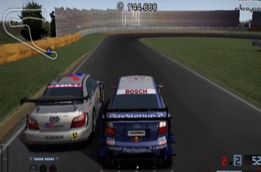 Two race cars on a track, generated by the Multiverse world model